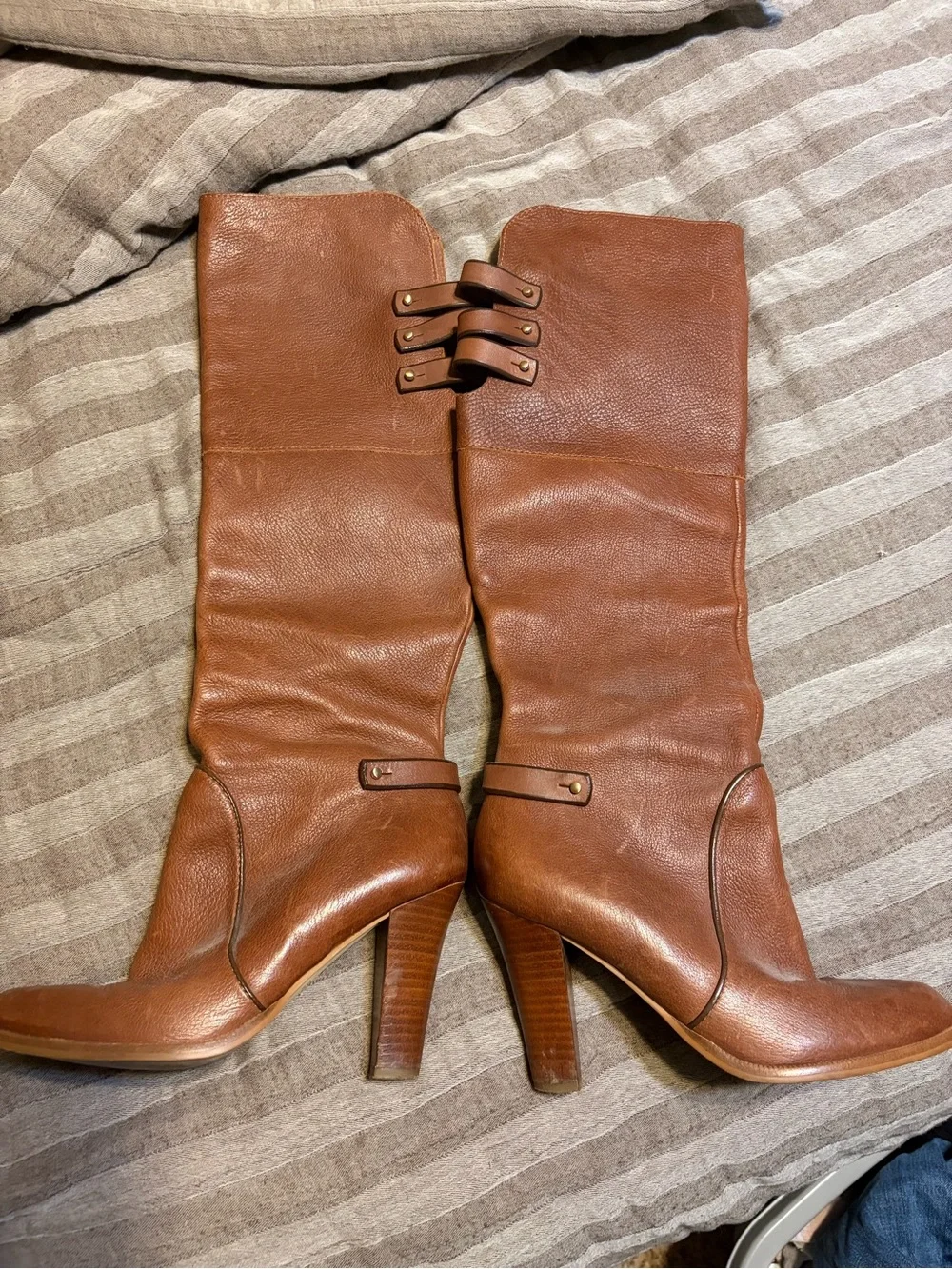 Cynthia Vincent Cognac Leather Over-the-Knee Zip Heeled Boots
